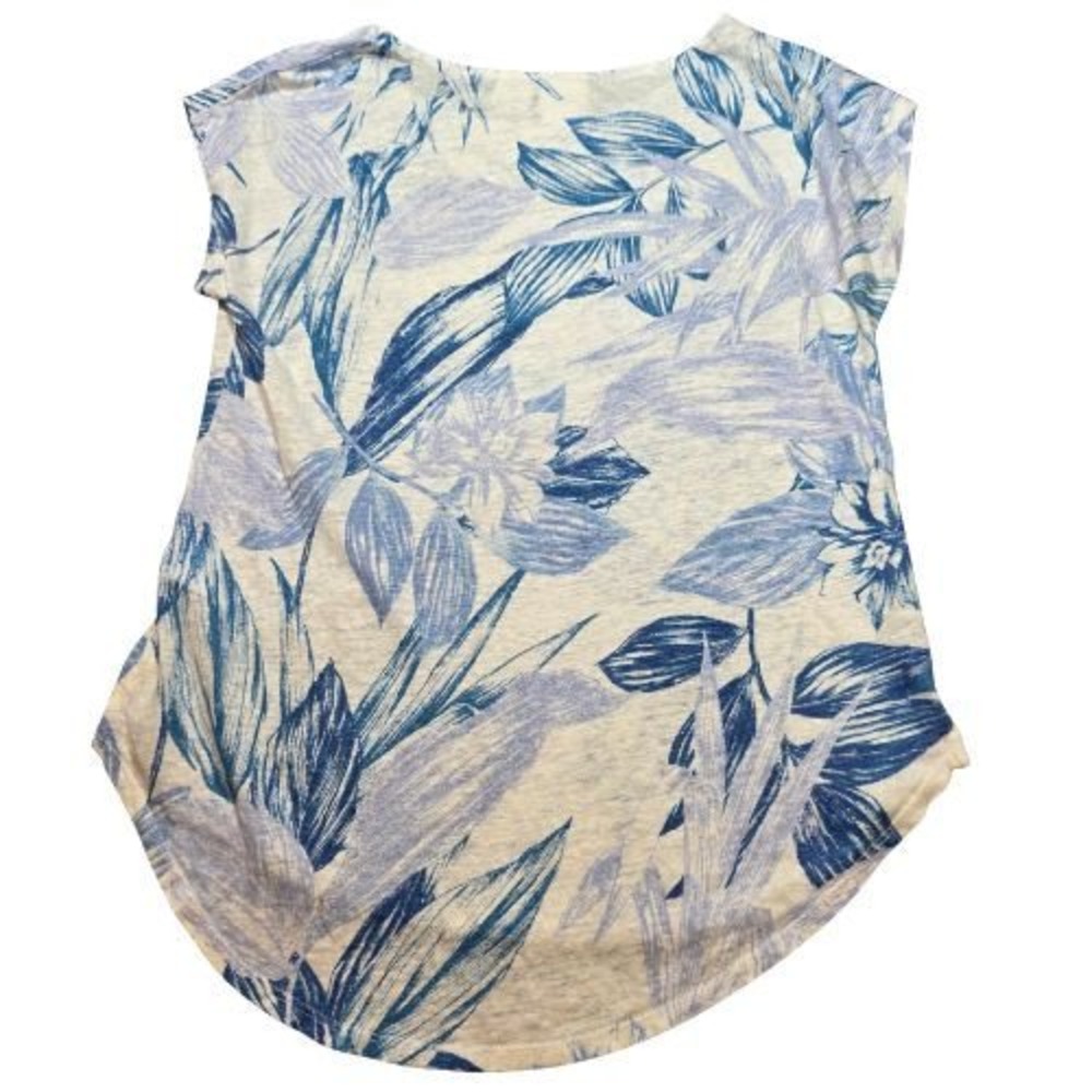 C&C California Women Blue Tropical Floral 100% Linen Scoop Neck Top Small